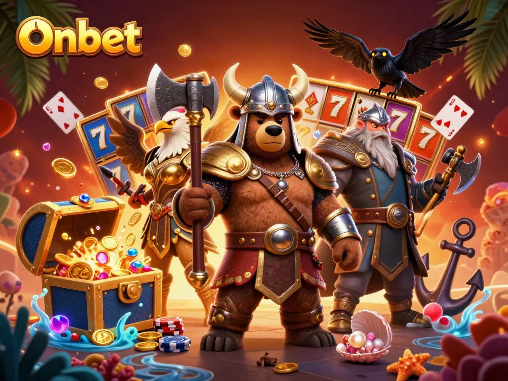 Join the thrilling action at Onbet with Viking warriors and vibrant casino elements.