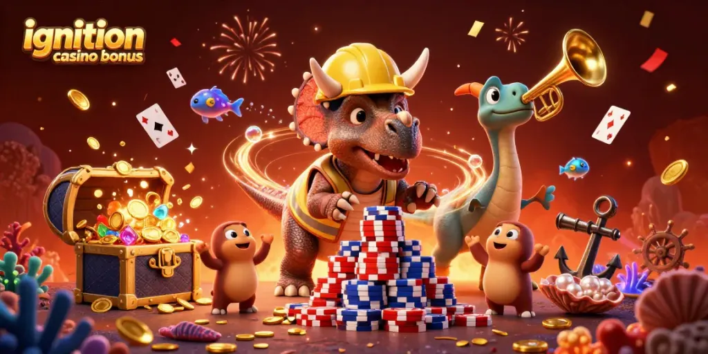 Building a pyramid of poker chips represents the ignition casino bonus excitement in this vibrant festive scene.