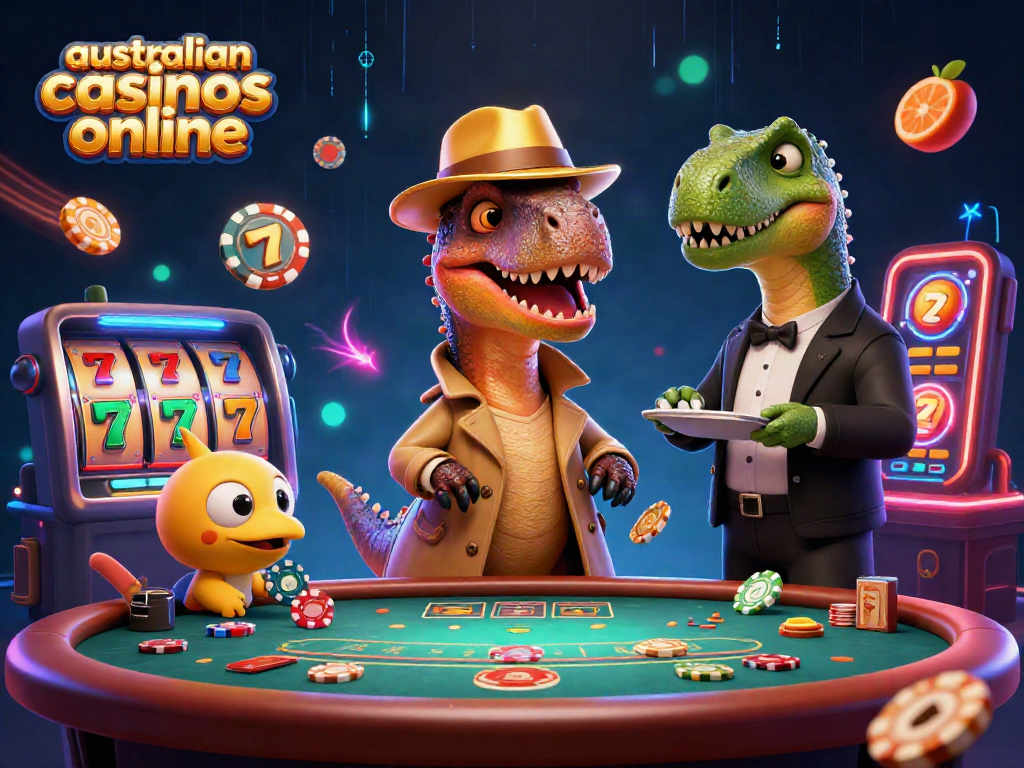 Engage with the playful scene of australian casinos online featuring cartoon dinosaurs and slot reels.