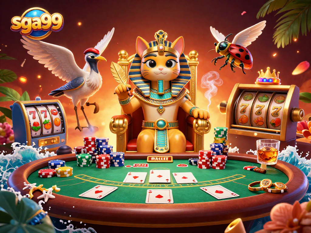 Engage with sga99 gaming excitement, featuring Egyptian pharaoh visuals and dynamic poker action