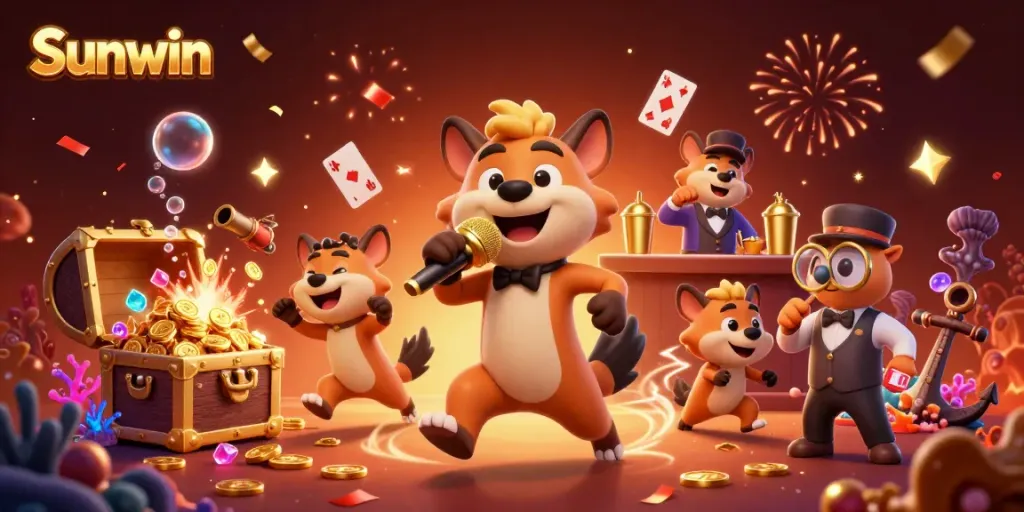 Sunwin hyenas delivering a comedic casino experience amid treasure and vibrant casino elements.
