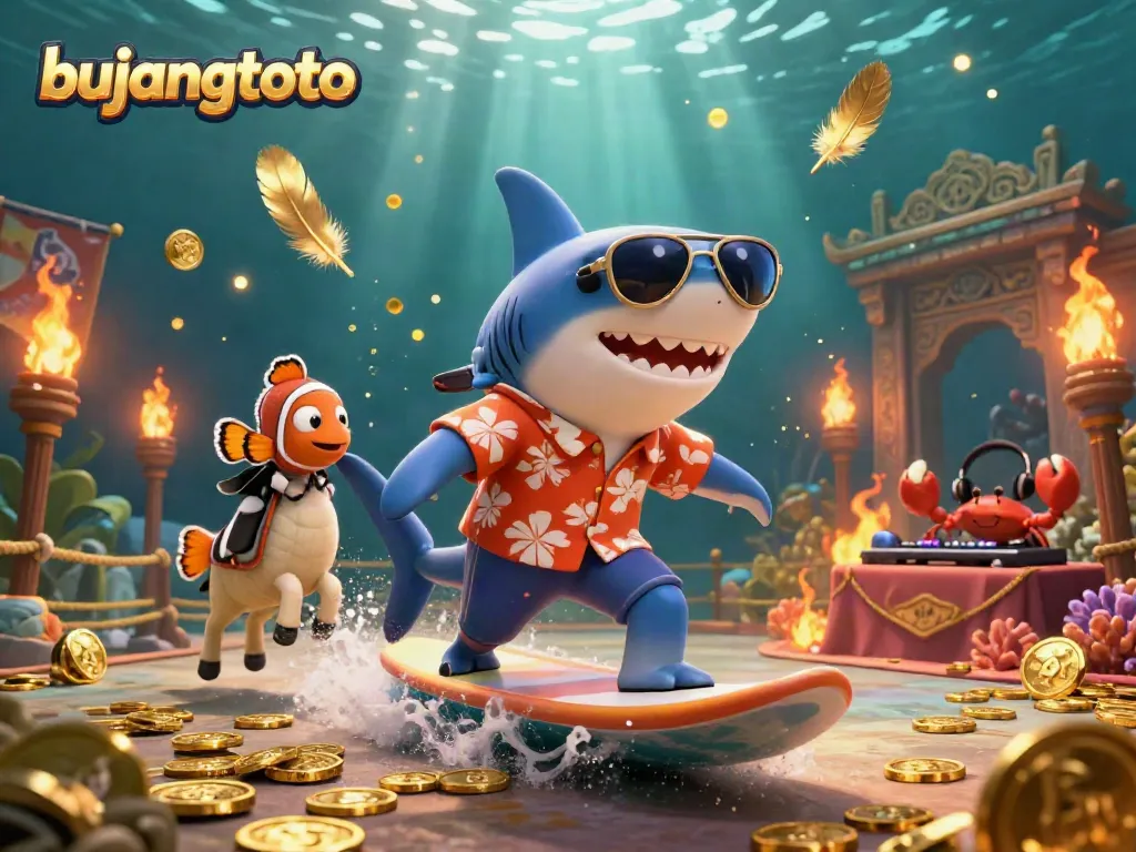 Experience thrilling wins at bujangtoto with cartoon shark surfing on gold coins amidst vibrant casino elements.
