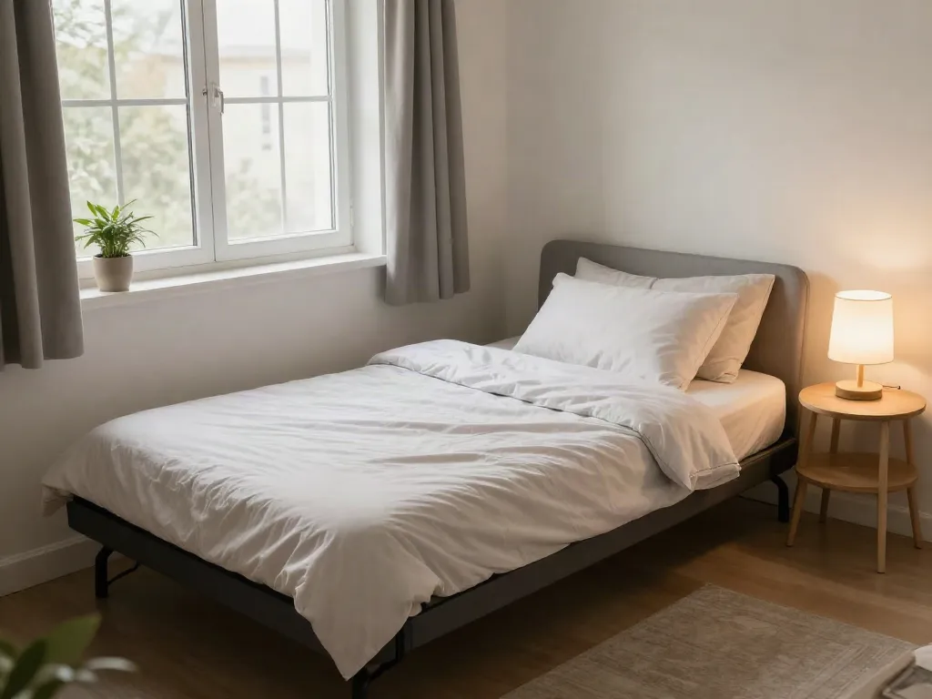 Comfortable portable bed in a cozy bedroom, showcasing practical design and inviting decor.