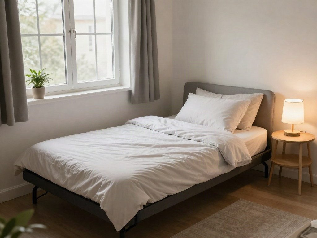 Comfortable portable bed in a cozy bedroom, showcasing practical design and inviting decor.