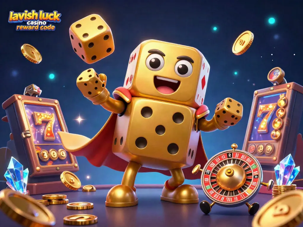 Experience the excitement of the lavish luck casino reward code with golden dice and vibrant slot elements.
