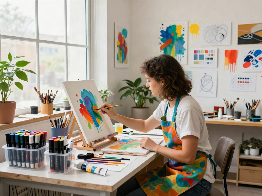 Artist painting with vibrant markers wholesale in a bright studio.