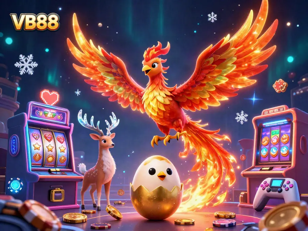 Experience VB88's vibrant casino ambiance with a phoenix rising over game machines and dazzling elements.