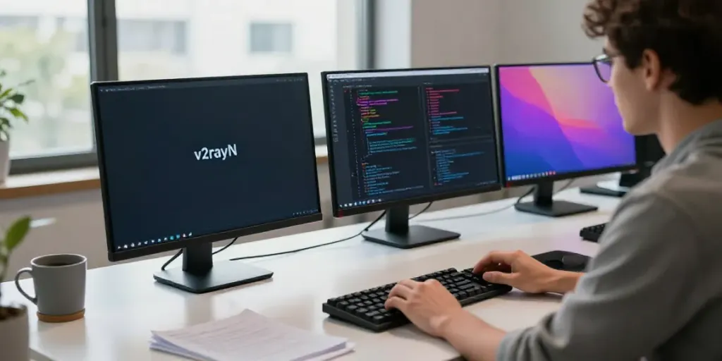 v2rayN官网 displayed in a modern tech workspace with a developer coding on multiple screens.