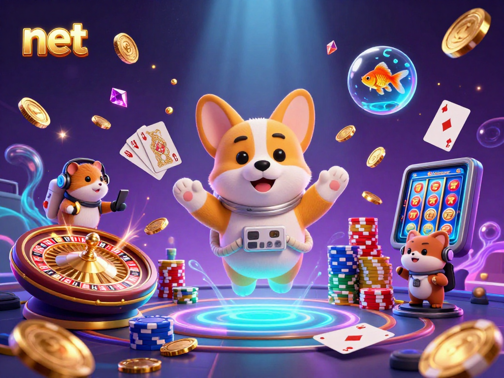 Experience vibrant net gaming in a 3D casino scene with an astronaut corgi and dynamic elements.
