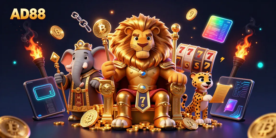 Experience the excitement at AD88 with a dynamic casino scene featuring a regal lion king, wise elephant, and swift cheetah, surrounded by vibrant slot game elements.