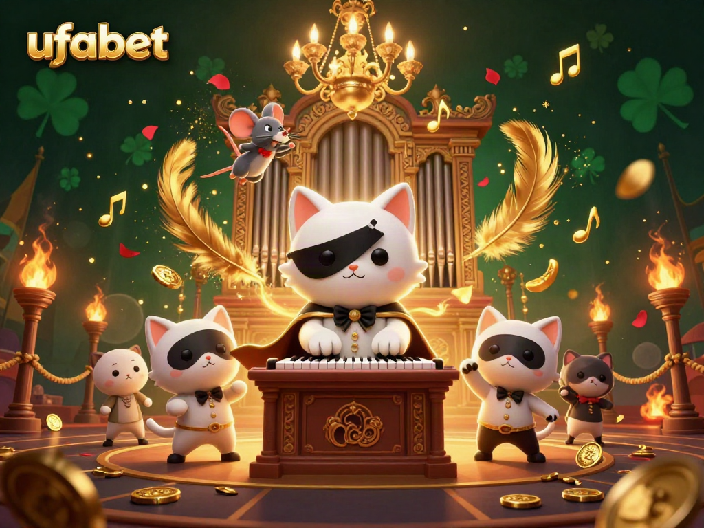 ภาพการเล่นการพนัน ufabet ที่มีแมวขาวฮาโลว์อินกับตลกบนเครื่องดนตรี