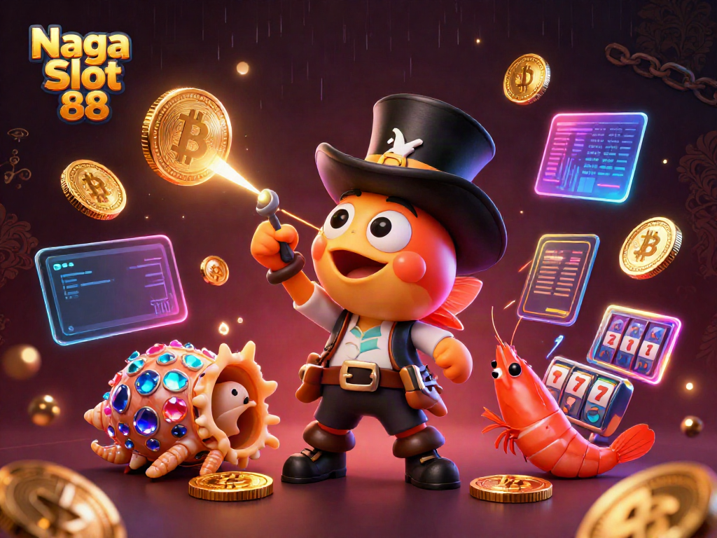 Naga Slot 88: Immerse in vibrant casino action with whimsical marine characters and crypto elements.