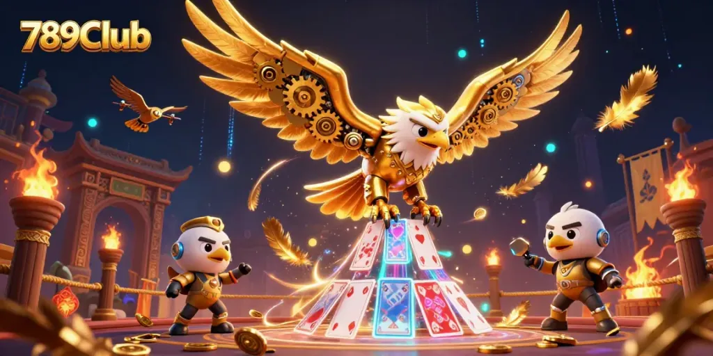 Engage with 789Club by diving into a vibrant 3D illustrative scene of a golden eagle surrounded by casino elements.