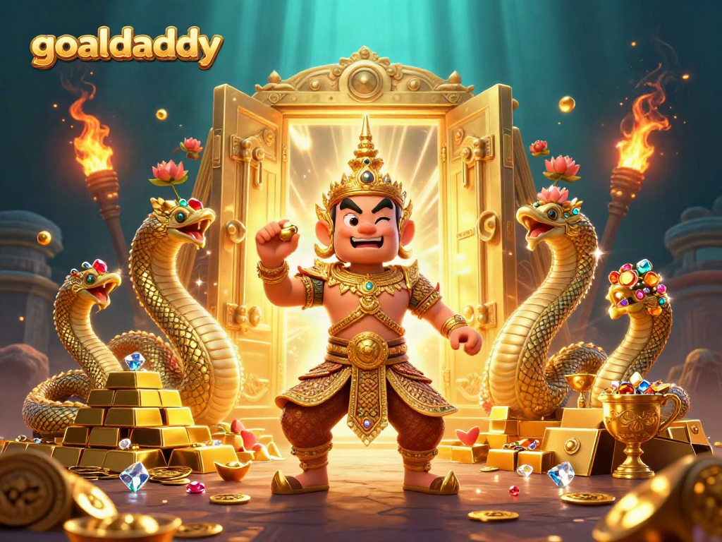 goaldaddy showcases a dynamic scene with Thai guardian, gold treasures, and glowing gems