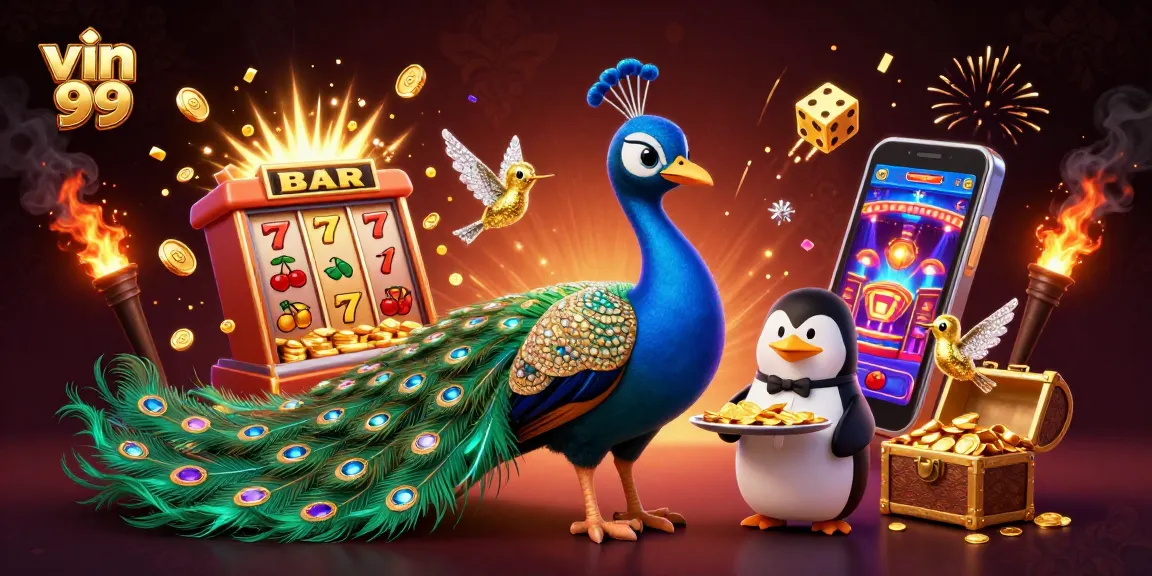 Experience adrenaline with vin 99's vibrant casino scene showcasing a peacock and penguin.