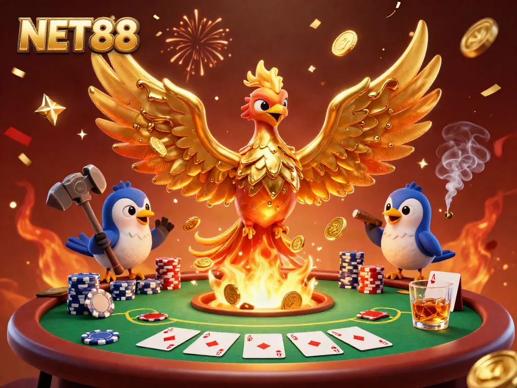 NET88 showcases a molten golden phoenix surrounded by vibrant poker elements in this dynamic 3D illustration.