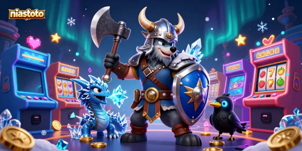 Engage in exciting gaming adventures with niastoto, showcasing a Viking wolf warrior, fierce dragon, and vibrant casino elements.