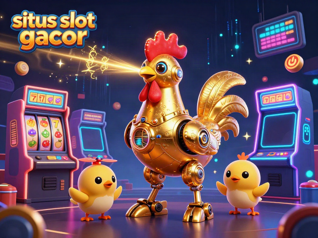 Experience the excitement of situs slot gacor with a vibrant 3D illustration of a golden rooster robot among colorful casino elements.