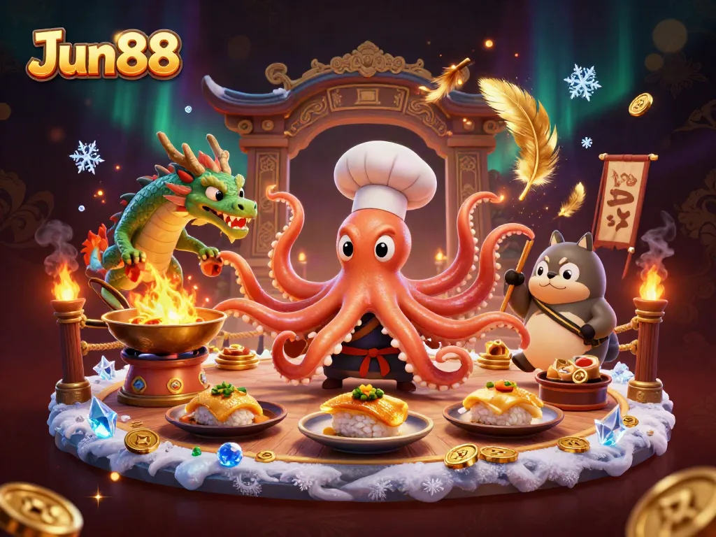 Jun88 engaging casino scene with vibrant characters preparing dishes and surrounded by gambling elements.