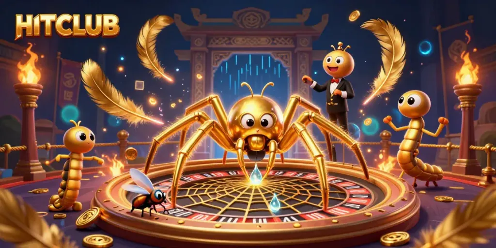 HITCLUB showcases a thrilling roulette experience with a golden spider and a croupier centipede spinning a web of fortune.