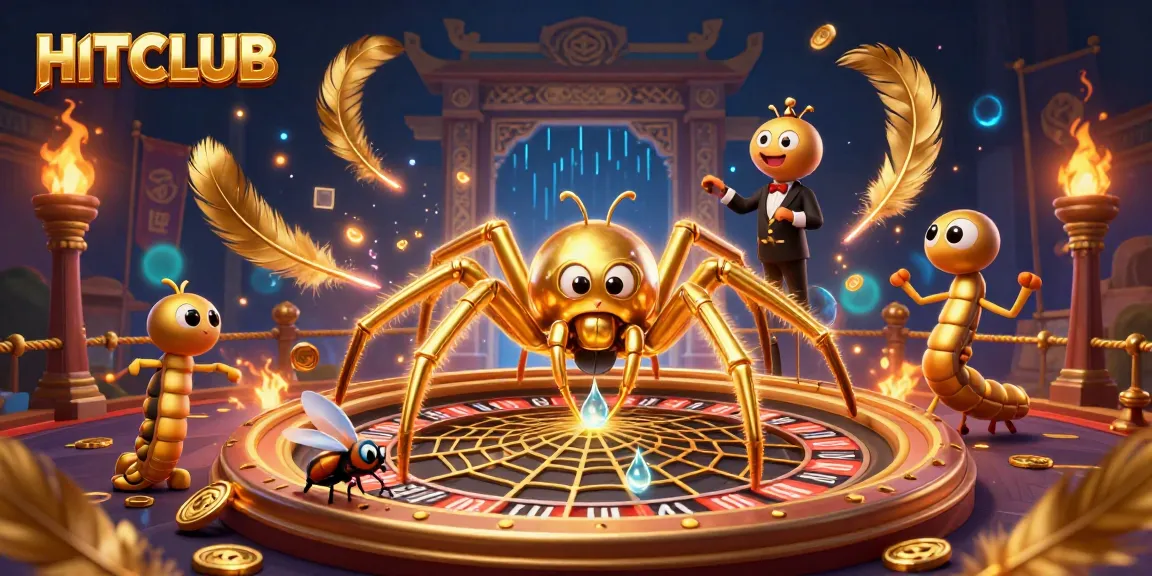 HITCLUB showcases a thrilling roulette experience with a golden spider and a croupier centipede spinning a web of fortune.