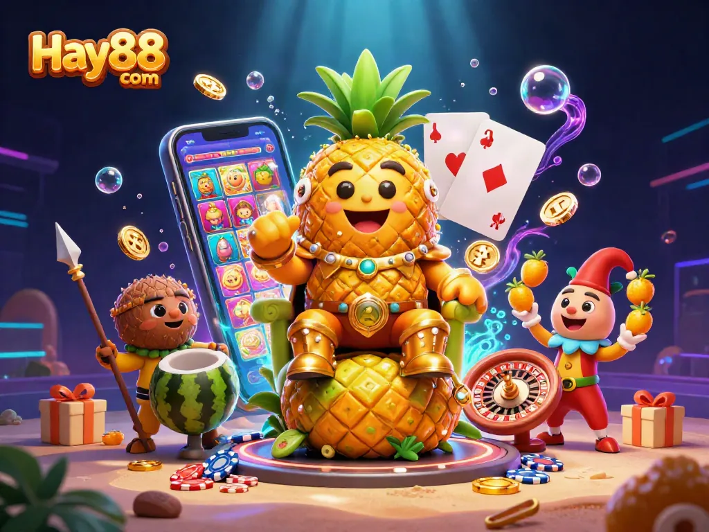 Engage in vibrant gaming action at Hay88 com with a 3D casino illustration showcasing treasures and excitement.