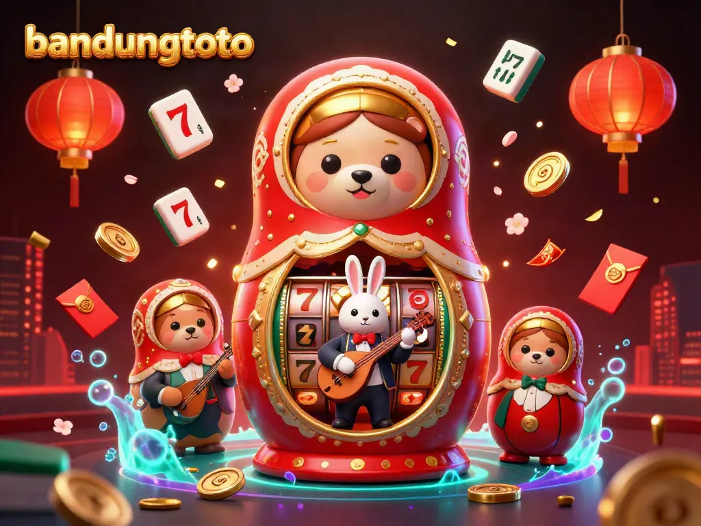 Engage with bandungtoto in this vibrant 3D casino illustration showcasing lively characters, slot reels, and festive decorations.