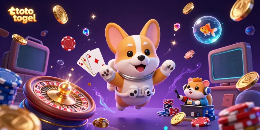 Engaging illustration of a space-themed casino scene featuring a floating astronaut corgi, showcasing toto togel elements.