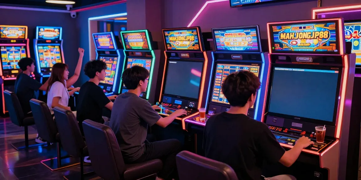 Engaging Slot MAHJONGJP88 gaming lounge with players enjoying neon-lit arcade experience.