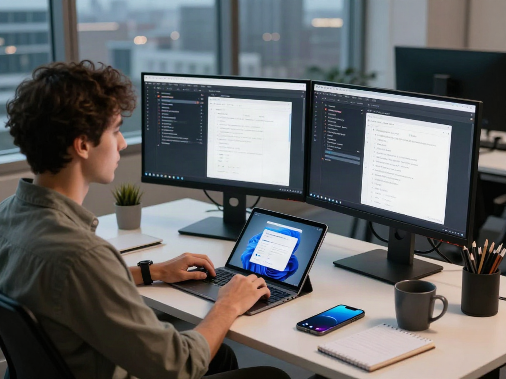 Pikashow app download process illustrated in a modern tech workspace with dual monitors showing code.