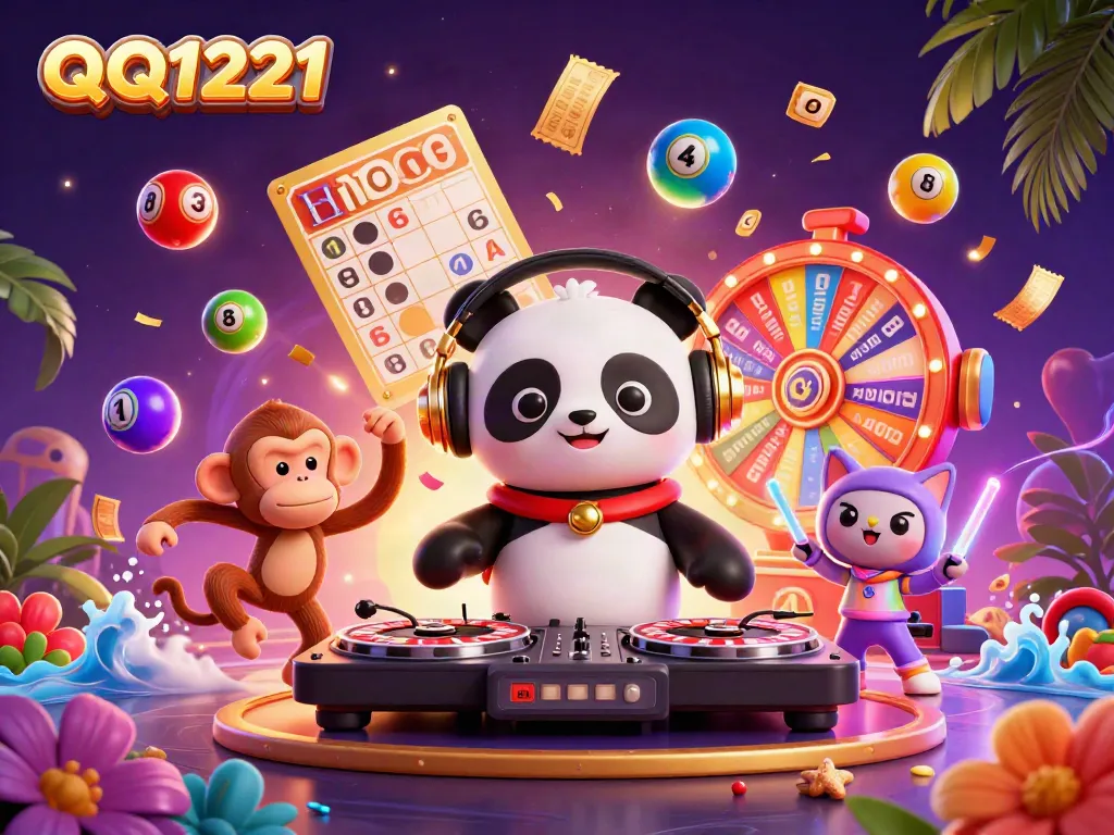 Engage with QQ1221's exciting gaming experience in this vibrant 3D casino scene featuring playful characters.