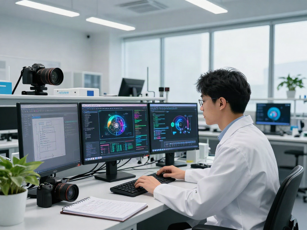 Data scientist analyzing AI Image Detection in a modern lab with advanced technology.