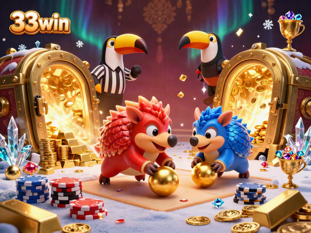 33win pangolins bowling through poker chips in a vibrant casino atmosphere filled with treasures.