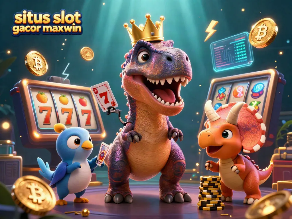 Experience vibrant gambling with situs slot gacor maxwin featuring T-Rex, cards, and golden chips.