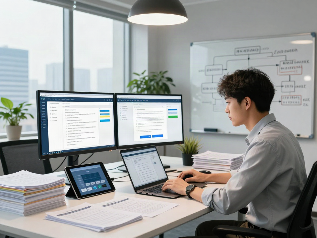 Data analyst using document fraud detection software with reports and algorithms in a modern office.