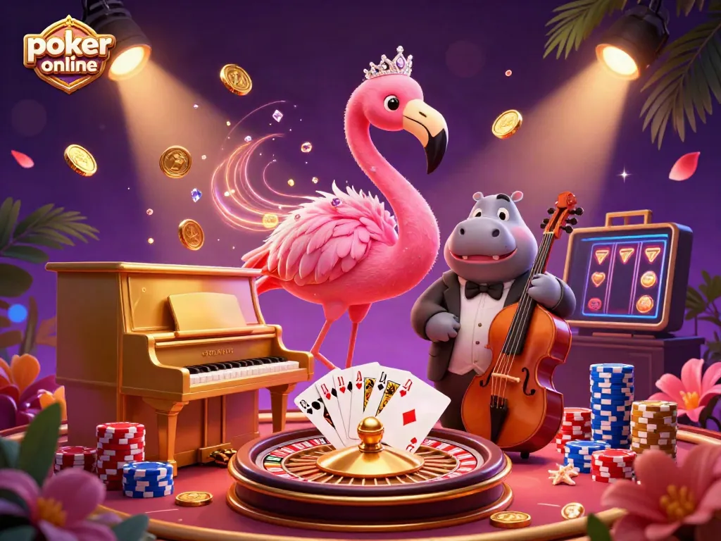 Engaging poker online illustration with vibrant characters, cascading coins, and rich ambiance.