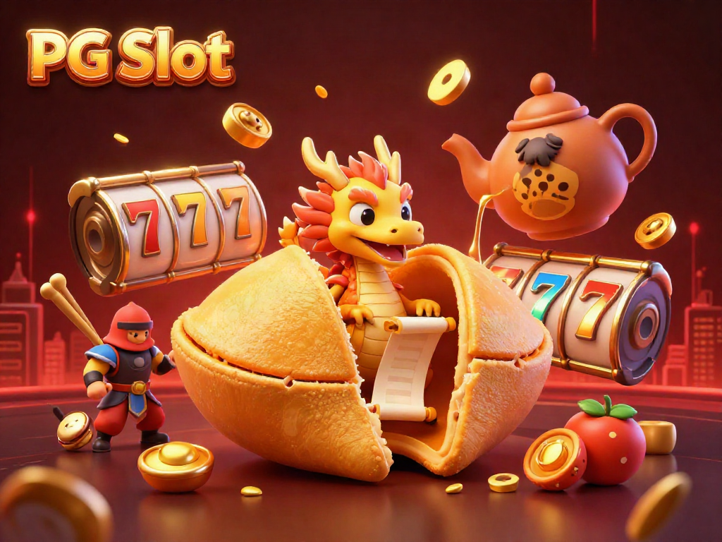 Engage with PG Slot games through a whimsical 3D illustration featuring a golden fortune cookie and slot elements.