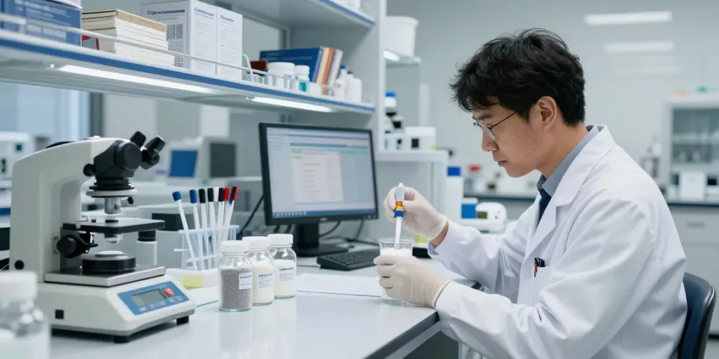 NAD research compound for sale displayed in a professional laboratory setting with researchers testing purity and quality.