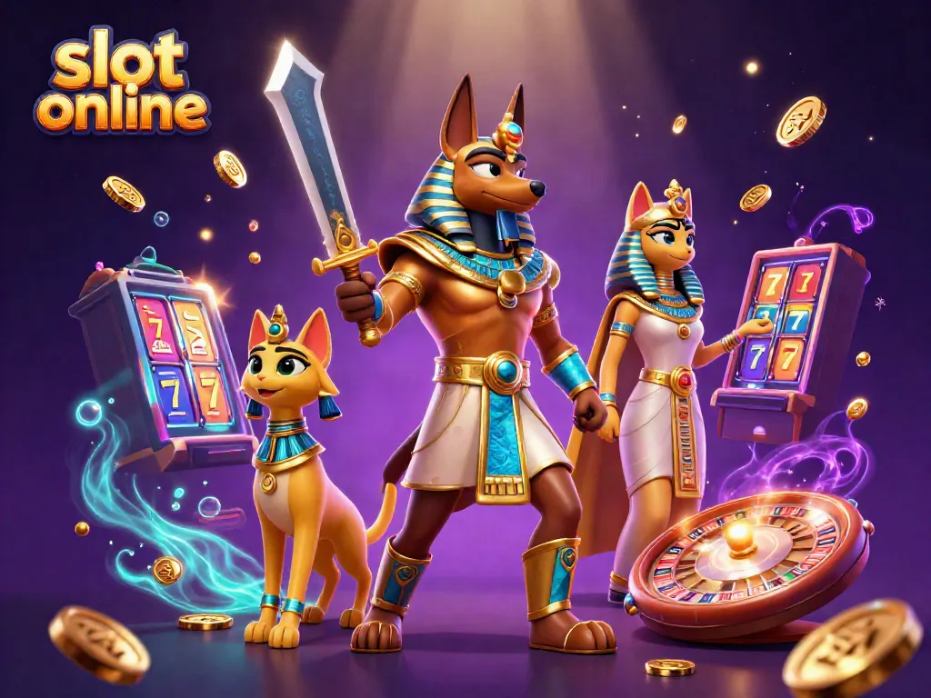 Engage with thrilling slot online gameplay featuring Anubis, sparkling gems, and vibrant slot machines.