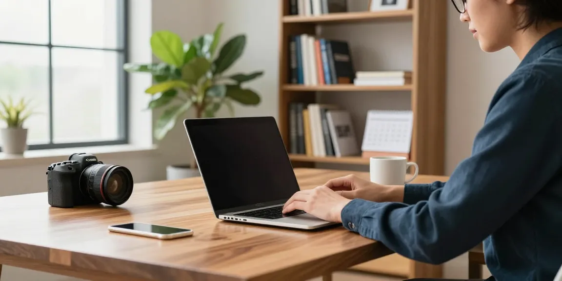 Professional in a modern home office focusing on a laptop while discussing strategies, look at this scene illustrating productivity.