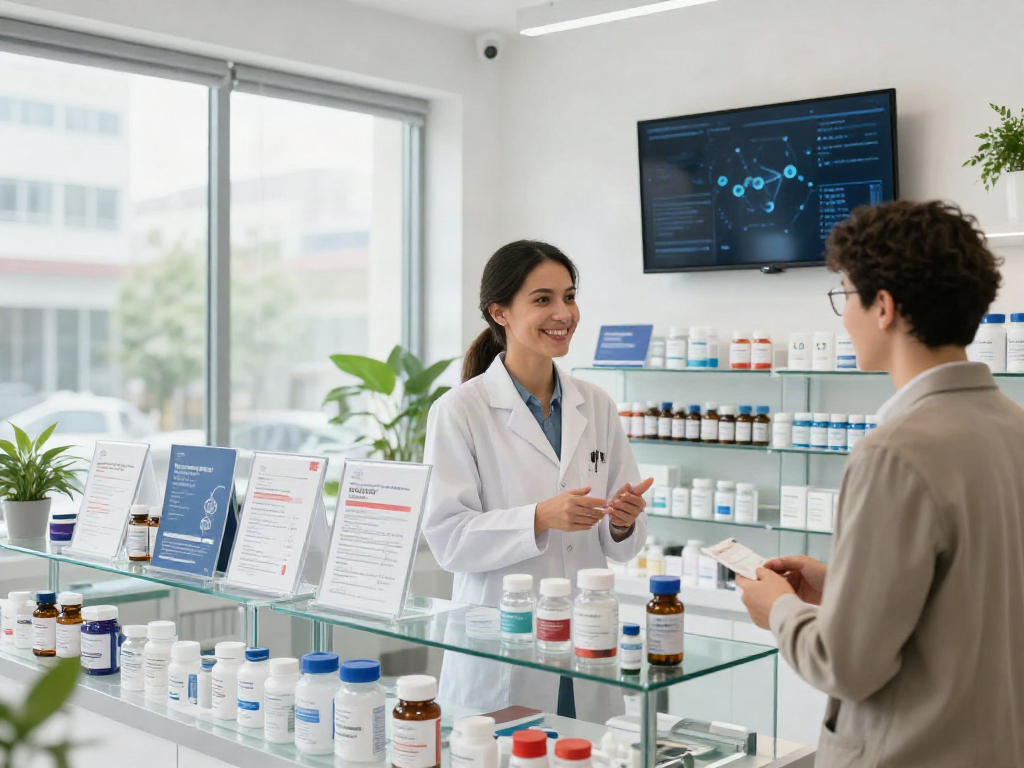 Engaging peptide shop interior highlighting products and customer interaction.