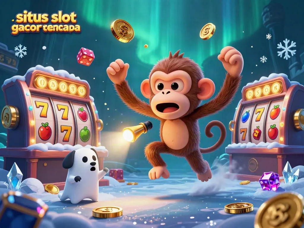 This lively scene illustrates situs slot gacor terpercaya with a poltergeist monkey juggling coins in a haunted casino.