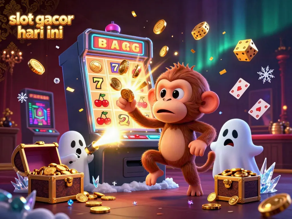 Slot gacor hari ini illustration featuring a mischievous monkey juggling coins and a ghost-hunter puppy in a haunted casino.