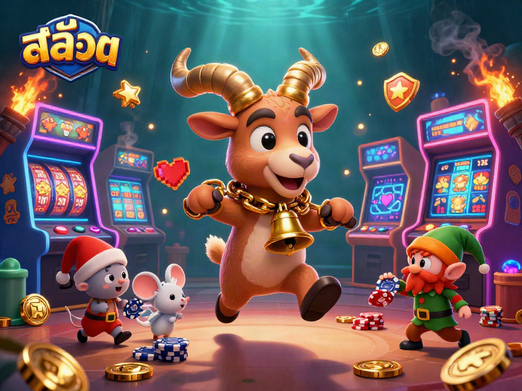 Engage with สล็อต in this festive casino scene featuring Krampus, an angel mouse, and mischievous elf gremlins.