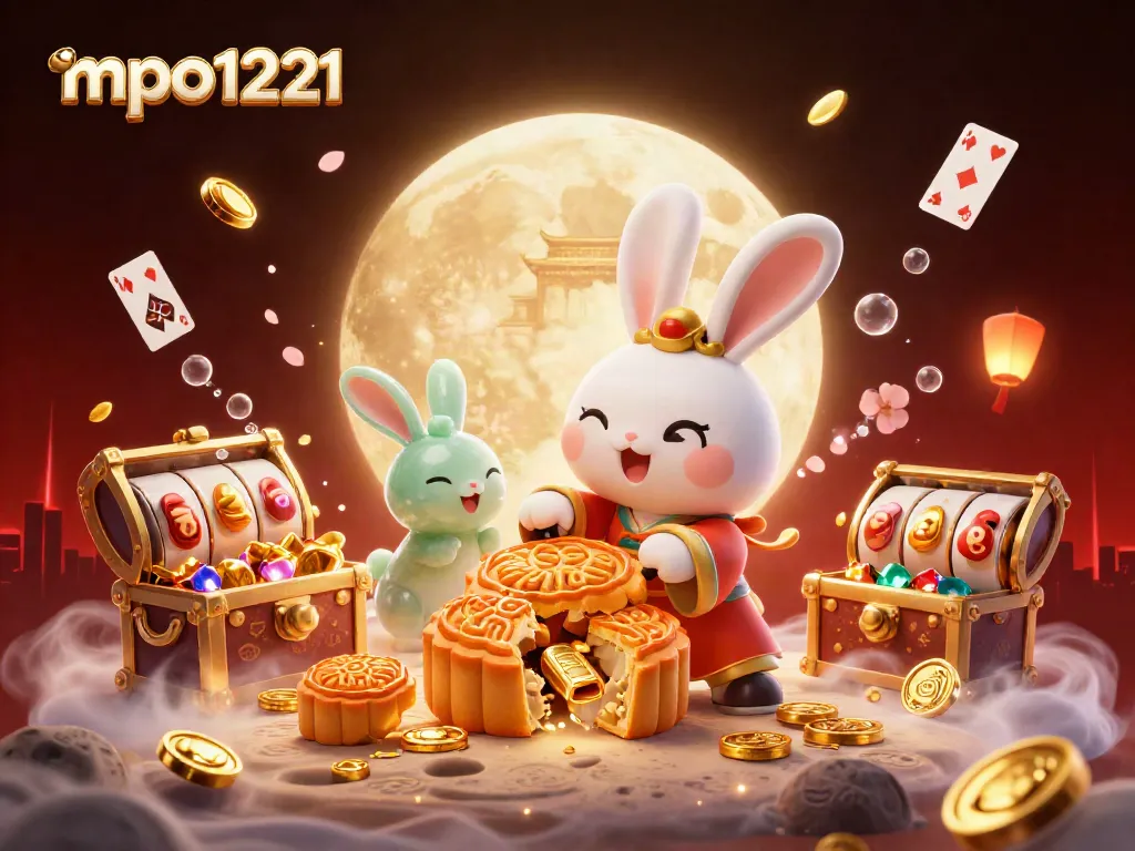 Experience mpo1221's thrilling slot action illustrated with a moon rabbit and vibrant casino scenes.