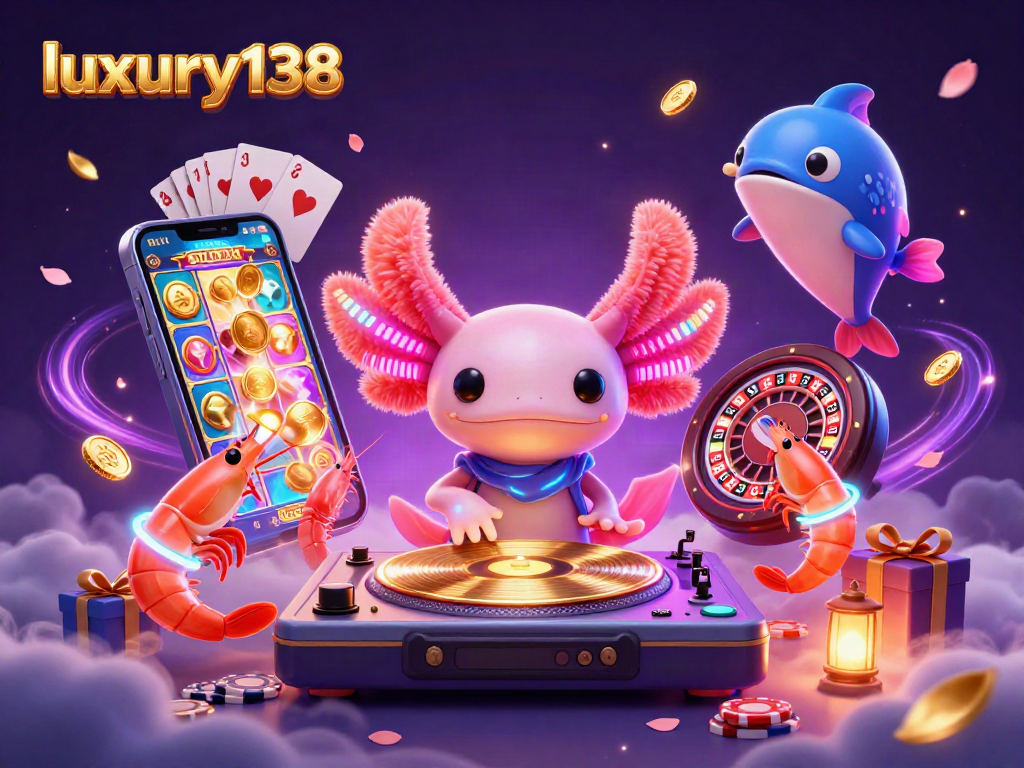 Permainan slot yang mengasyikkan di luxury138 dengan karakter kartun aksolotl DJ yang energik.
