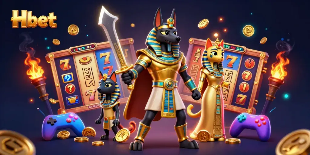 Experience the thrill of Hbet with Anubis and Bastet surrounded by colorful slot elements in a vibrant casino scene.