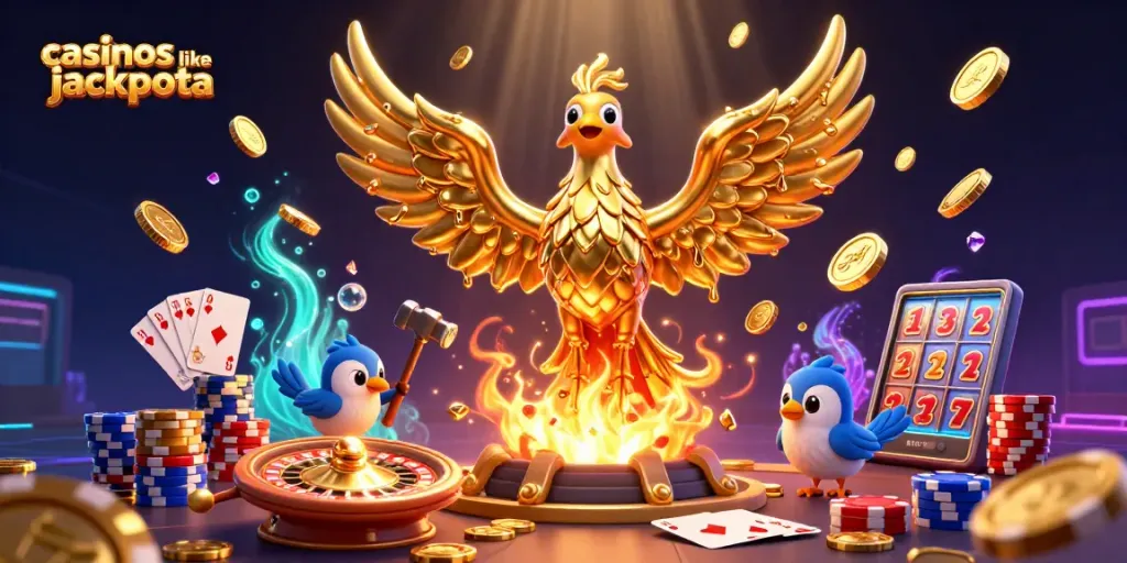 Cascading golden coins and a molten phoenix represent casinos like jackpota in a vibrant gaming scene.