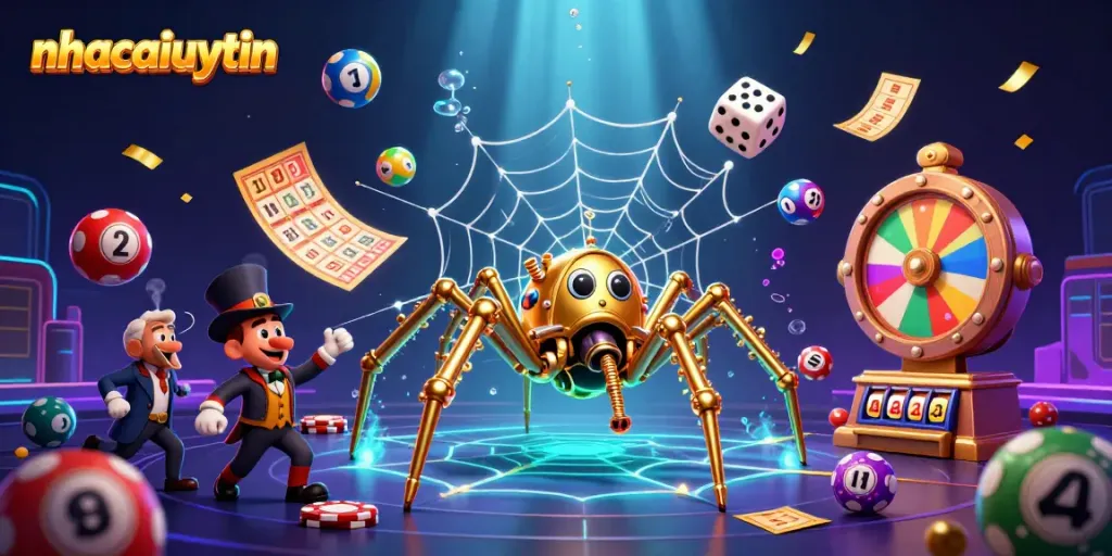 Play with excitement at nhacaiuytin, featuring a steampunk spider caught in a web of gold and chance.