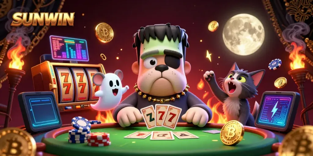 SUNWIN's vibrant casino scene with a cartoon bulldog dealer, neon coins, and a werewolf kitten.